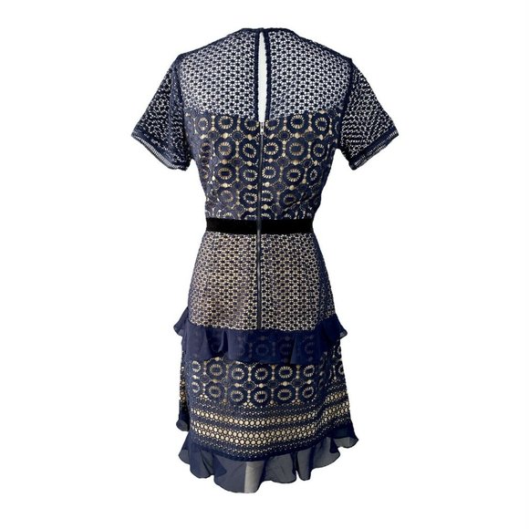 Chelsea28 Velveteen Lace Sheath Dress Ruffles Navy Blue, Medium - Picture 6 of 12